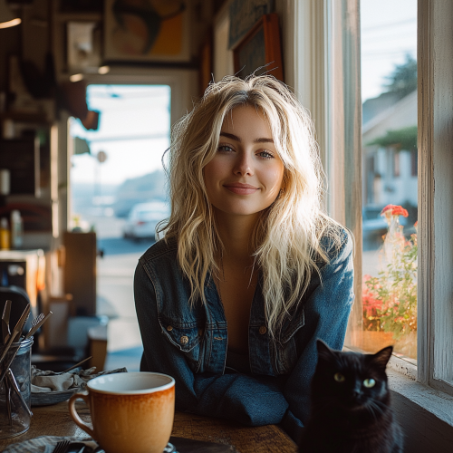 Blond woman in cozy hair salon with kitten. Ocean view.
