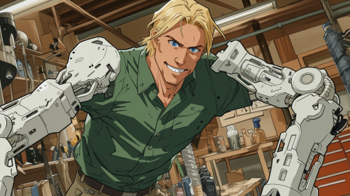 Blonde man with mechanical arms in workshop