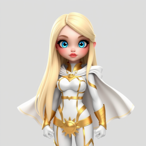 Blonde Superhero with Blue Eyes in White & Gold