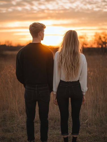 Blonde couple in black shoes watching sunset together.