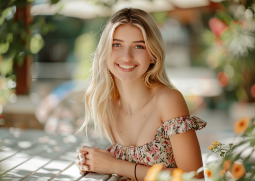 Blonde woman in floral dress smiling at garden table.