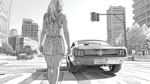 Blonde woman walks towards cool car in city