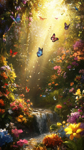 Blooming flowers in magical garden with butterflies and sunlight. Blooming flowers in magical garden with butterflies and sunlight.