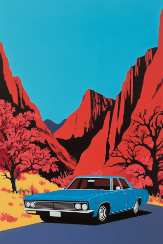 Blue Car Parked on Road with Red Mountains