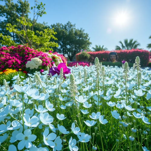 Blue Sky Gardens with Flowers, Moon, and Sun