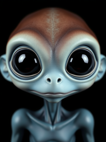 Blue alien with big eyes on black background.