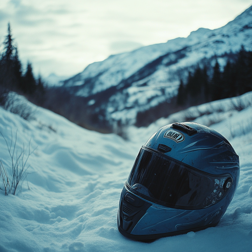Blue motorcycle helmet in snowy mountainous landscape.