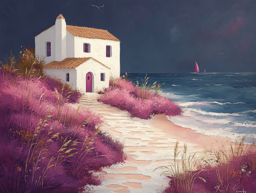 Blue sea, purple beach, white houses, bright color tone.