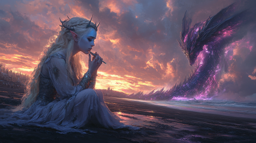 Blue-skinned woman playing flute in Elden Ring art style.