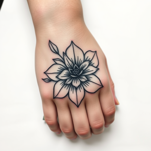 Bold black line flower tattoo for palm.