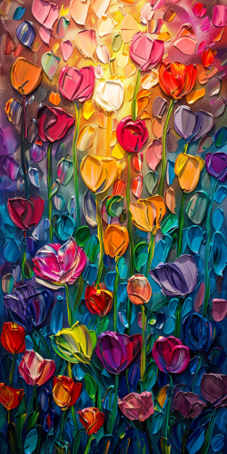 Bold brush strokes sunrise scenery close-up tulip field garden.