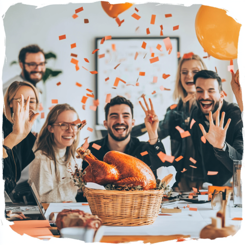Bookkeepers celebrating Thanksgiving with turkey and confetti décor