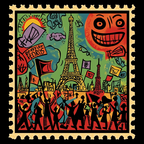 Border design stamp with whimsical French protest at Eifeltower.