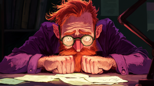 Bored ginger accountant in tattered purple clothing.