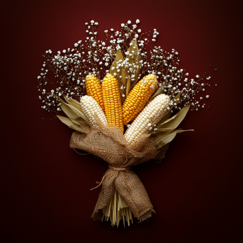 Bouquet of yellow and white corn on red background.