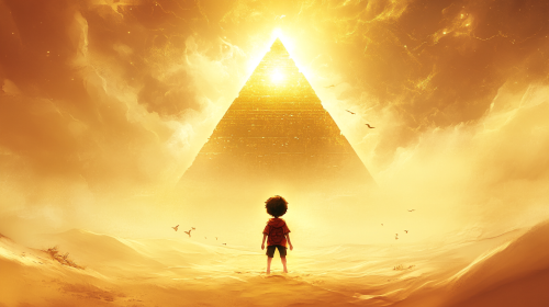 Boy's Hopeful Journey Towards Glowing Pyramid