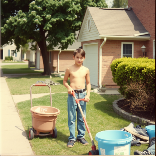 Boy Doing Yard Work in 1980s Suburb