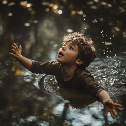 Boy Falling Into Pond, Scared Expression, Cinematic Capture 
