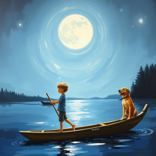 Boy Sailing Under Big Moon with Happy Dog
