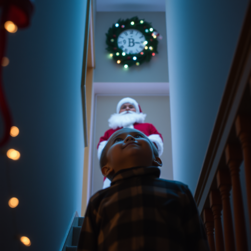 Boy Spots Santa from Top of Stairs