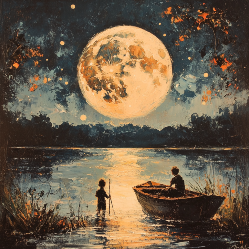 Boy and Dog by Lake under Big Moon