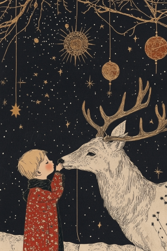 Boy and deer on night sky background, Slavic folk art