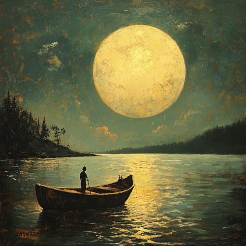 Boy and dog in boat under moonlit sky