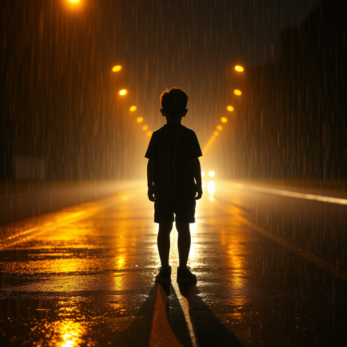 Boy in Rainy Night Under Golden Backlight