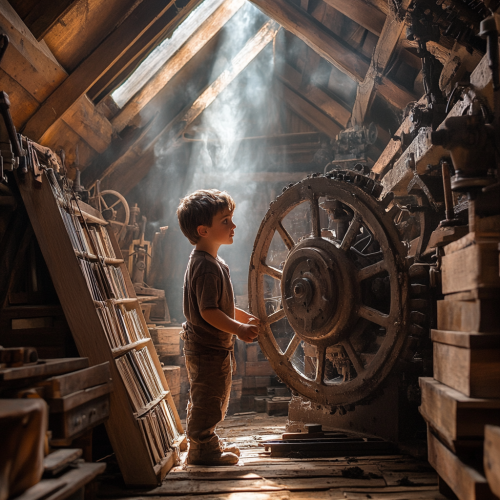 Boy in old attic with antique machinery, books.