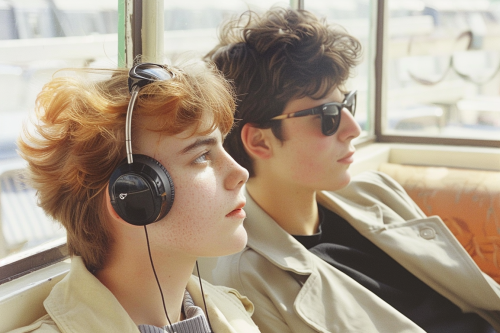 Boy with dark hair, sunglasses, beige coat, girl with orange hair, black headphones, band shirt, vintage camera vibe.