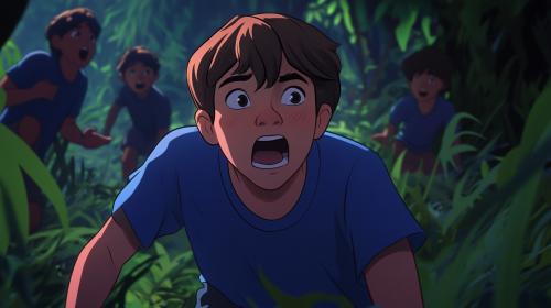 Boy with short brown hair in blue t-shirt sighing, argument, shout, excitement. Jungle scene at night, high detail, vivid color.