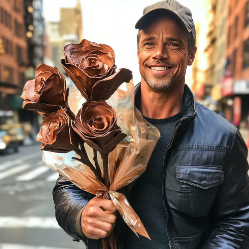 Brad Pitt holding a bouquet of chocolate roses. Brad Pitt holding a bouquet of chocolate roses.