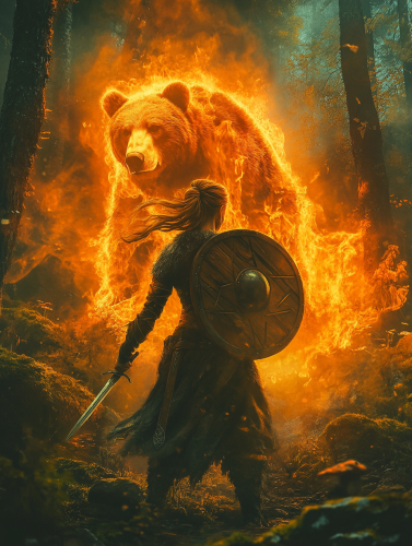 Brave Viking girl fights with spirit and bear