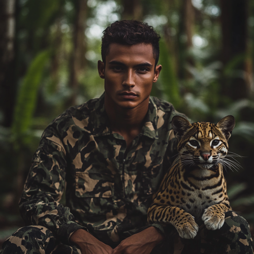 Brazilian male model in camouflage clothing with ocelot