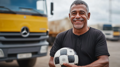 Brazilian man, 50, smiling, playing soccer, Mercedes-Benz trucks.