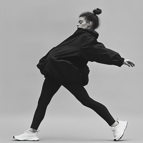 Brazilian woman in stylish black jacket poses dynamically