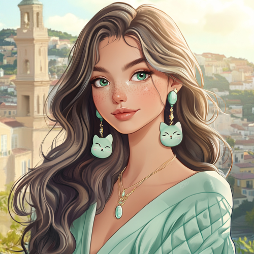 Bright, fashionable girl with dark blonde hair, cat accessories.