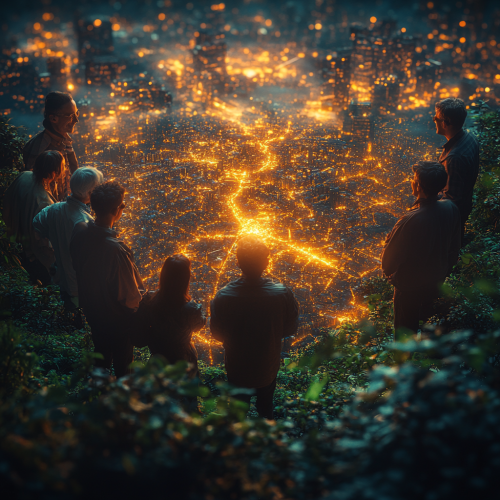 Bright Global Cityscape with Happy Diverse People Interacting