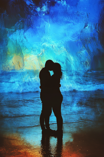Bright and Dark Silhouettes Hug on Beach