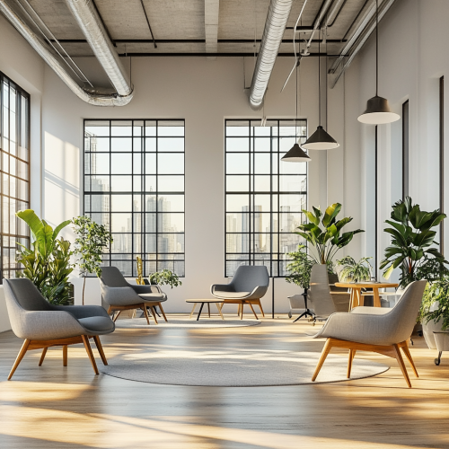 Bright and welcoming office open space with gray chairs