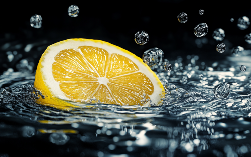 Bright citrus lemon slice in sparkling water, cinematic lighting.