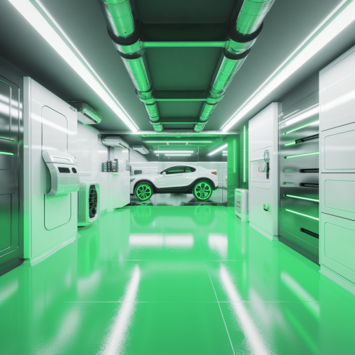 Bright high-tech garage with green LED spotlights