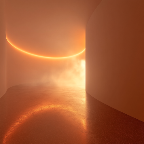 Bright orange light cutting through smoke-filled museum room.