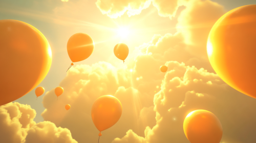Bright sky with yellow balloons and playful clouds