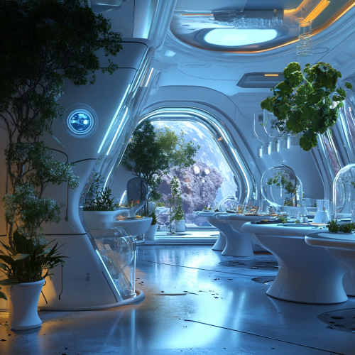 Bright space style restaurant interior with plants and bacteria. Bright space style restaurant interior with plants and bacteria.