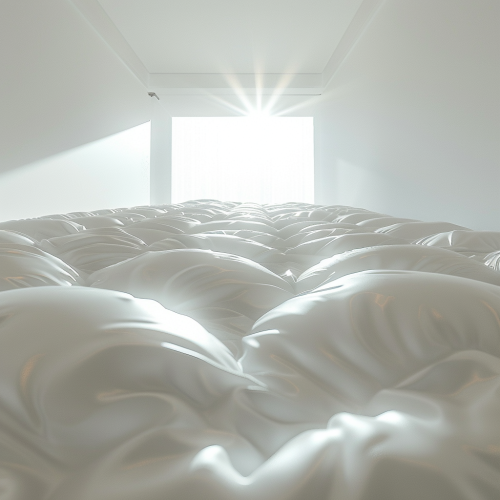 Bright white mattress captured from low angle with sunlight