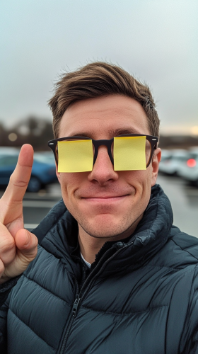 British man with post-it notes on glasses, car background.