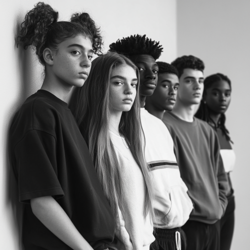 British teenagers standing against wall in black & white