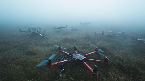 Broken Drone Graveyard in Foggy Field