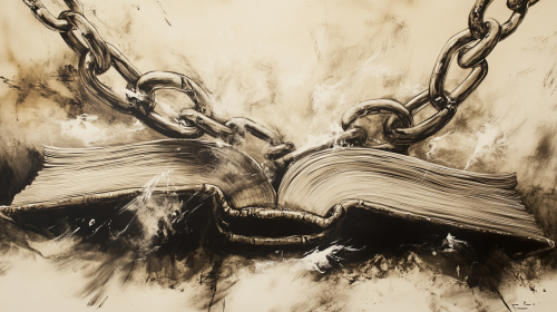 Broken chains on ancient books with pages flying